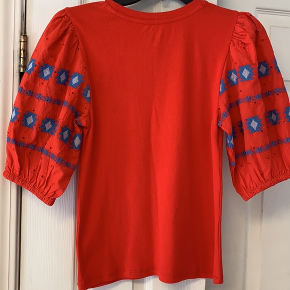 LOFT stretchy red top w/ eyelet poof sleeve- sz S - Picture 4 of 4